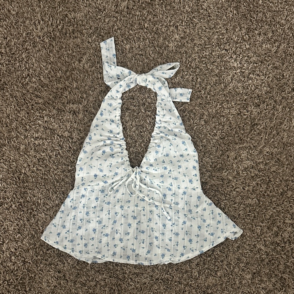 Sleeveless Halter Peplum Top - Light Blue Floral